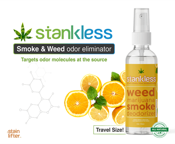 Stankless travel size bottle with background lemon orange scent